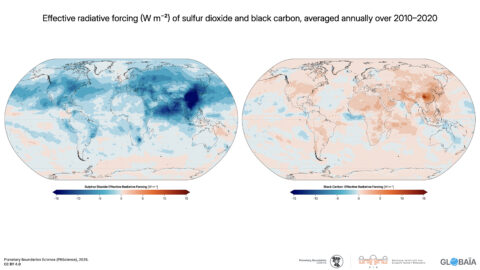 FIGURE 41 - Effective radiative forcing (W m⁻²) of sulfur dioxide and black carbon, averaged annually over 2010–2020